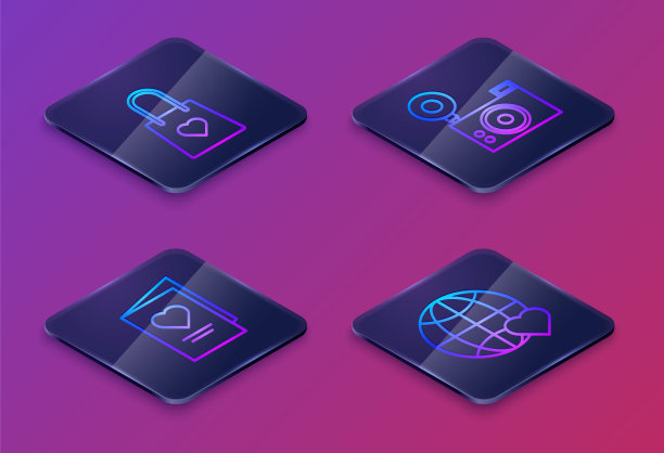 集等距线购物袋与心，情人节派对传单与心，照片相机和心世界的爱。蓝色方形按钮。向量图片下载