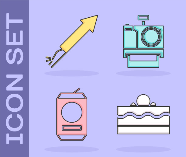 集蛋糕，烟花火箭，啤酒罐和照片相机图标。向量图片下载