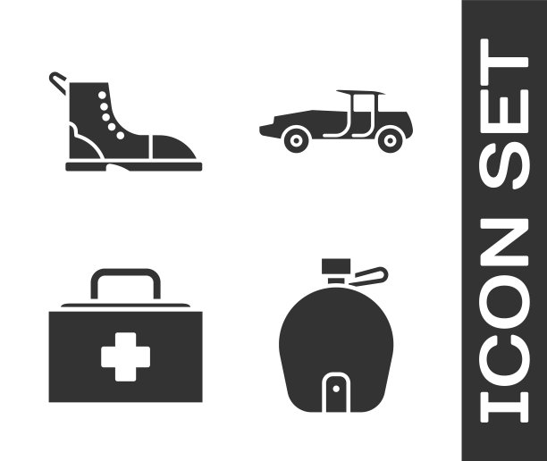 设置水壶，登山靴，急救箱和汽车图标。向量图片下载