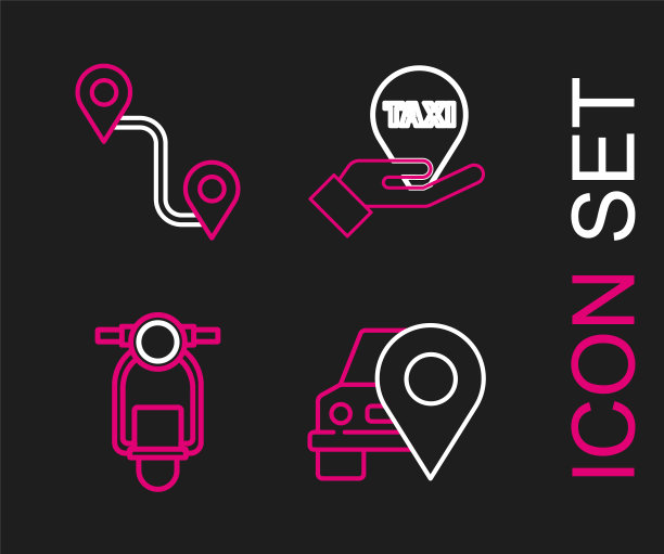 设置线地图指针与出租车，摩托车，手在地图和路线位置图标。向量图片下载