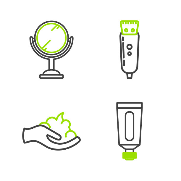 设线面霜或洗液化妆管，剃须啫喱泡沫手，电动理发器和手镜图标。向量图片下载