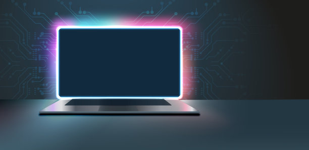 空白的屏幕和一张桌子，在一个黑暗的房间里，蓝色的灯光。图片下载