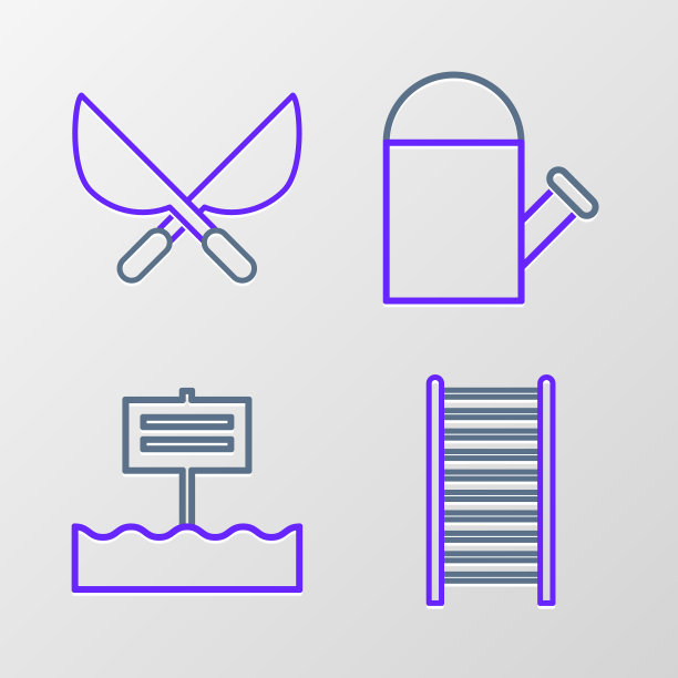 设置线木制楼梯，空白木制招牌，喷壶和园艺手工剪刀图标。向量图片下载