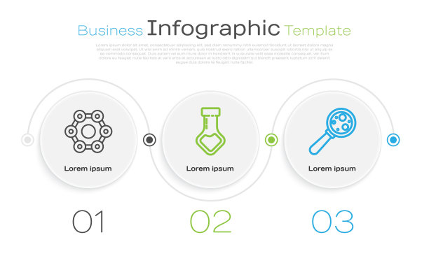 设置化学配方，试管和烧瓶，放大镜下的化学和微生物。业务信息图表模板。向量图片下载