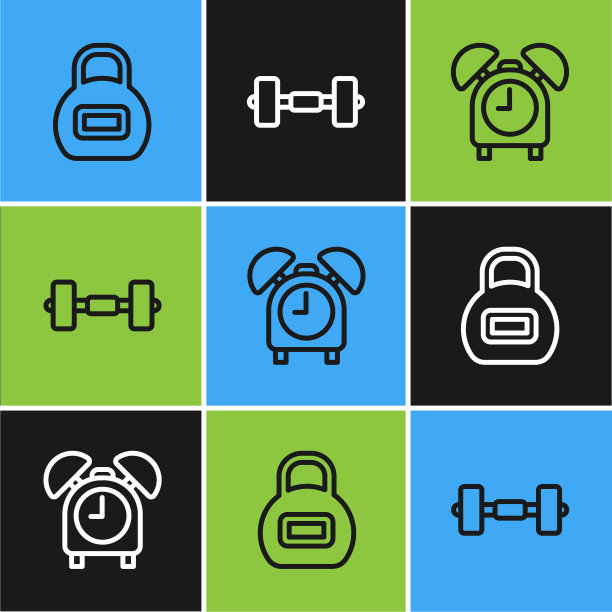 设置线路壶铃，闹钟和哑铃图标。向量图片下载