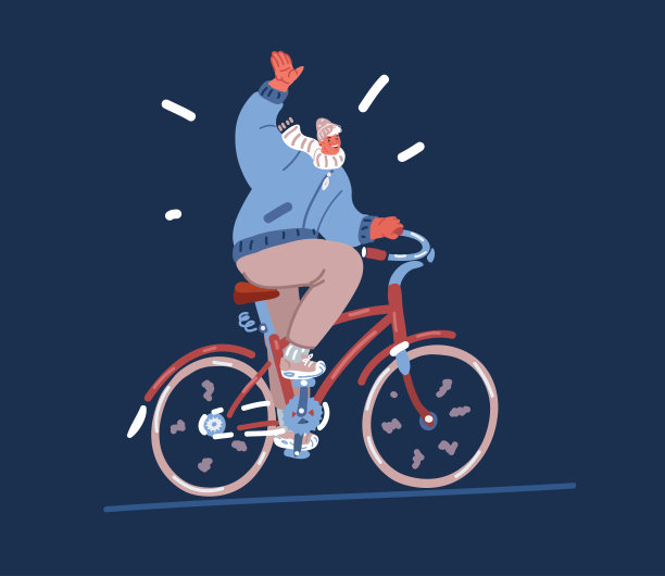 卡通矢量插图的人骑自行车沿着街道寒冷的天气图片下载
