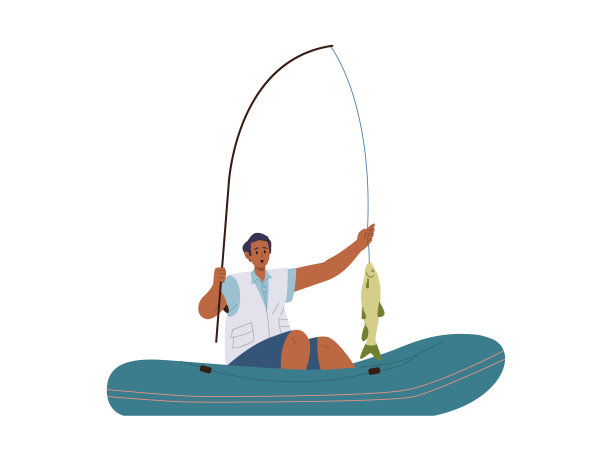 年轻的渔夫在船上钓鱼时，用鱼竿钓到了大鱼图片下载