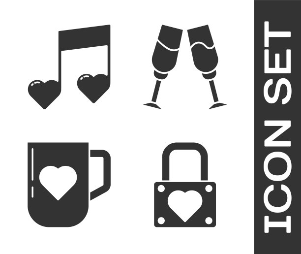 集锁和心，音乐音符，音调与心，咖啡杯和心和香槟的玻璃杯图标。向量图片下载