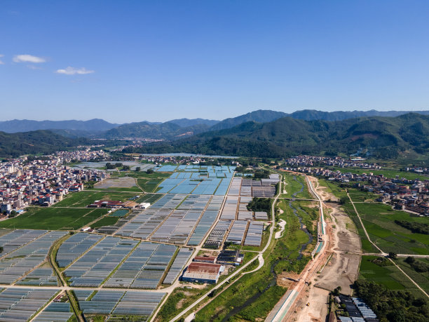 现代农村农业蔬菜大棚鸟瞰图图片下载