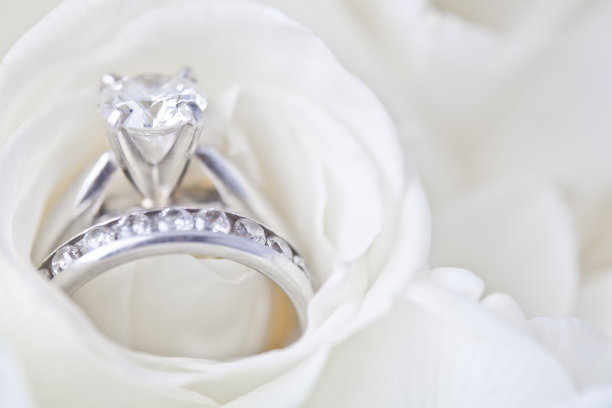 白玫瑰镶嵌的结婚戒指图片下载