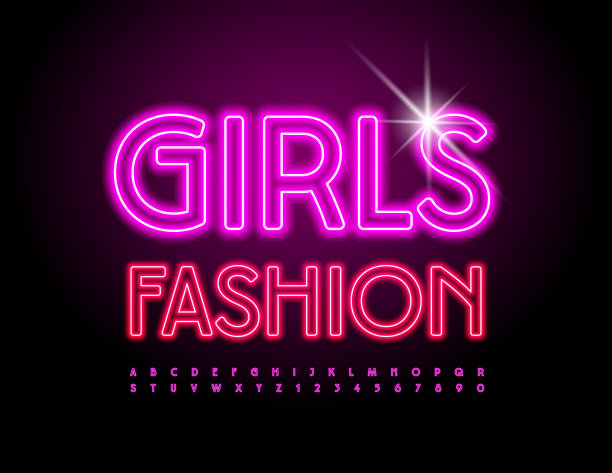 矢量发光徽章女孩时尚。霓虹字母和数字集图片下载