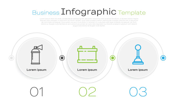 集喷漆罐、汽车蓄电池、换挡器生产线于一体。业务信息图表模板。向量图片下载
