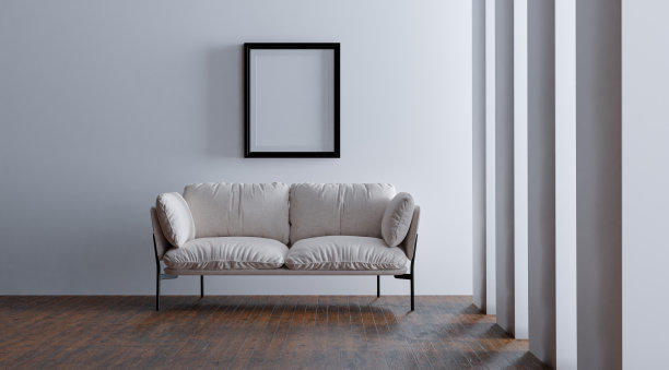 客厅的阁楼和复古室内，白色地板和蓝色墙壁上的蓝色扶手椅，3d渲染图片下载