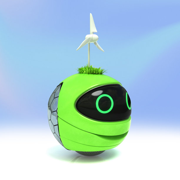 吉祥物-快乐的绿色小机器人骑在地上-可再生能源- 3D图片图片下载