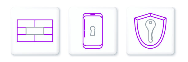 设置线盾与钥匙，砖和智能手机锁定图标。向量图片下载