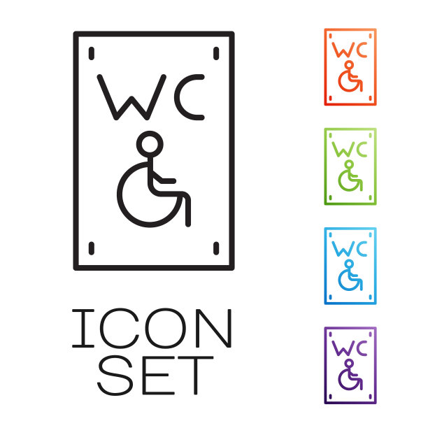 黑线分隔厕所的残疾人图标隔离在白色背景。残疾人无障碍男女厕所。设置图标彩色。向量图片下载