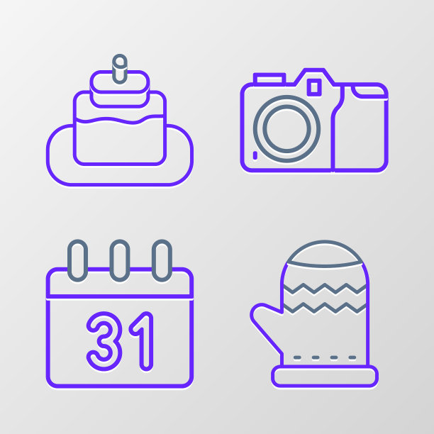 设置线圣诞手套，日历，照片相机和蛋糕图标。向量图片下载