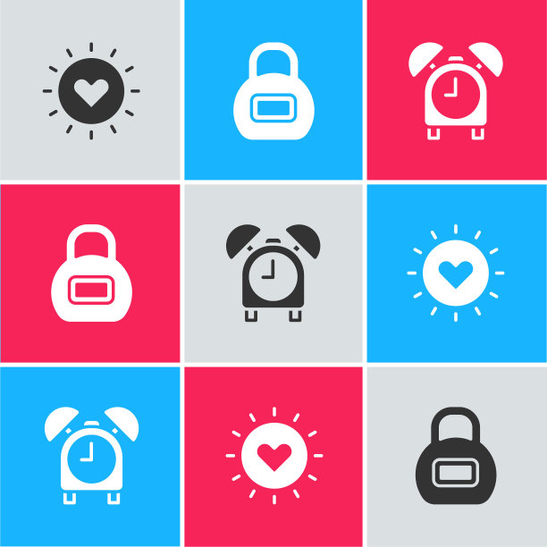 日落，壶铃和闹钟图标。向量图片下载