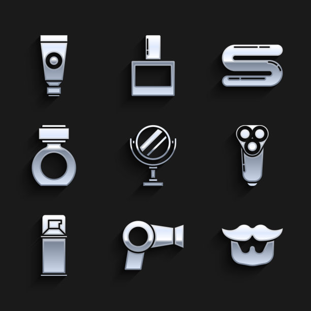 设置圆形化妆镜，吹风机，胡子和胡须，电动剃须刀片的男人，剃须啫喱泡沫，须后水，毛巾和乳霜乳液化妆品管图标。向量图片下载