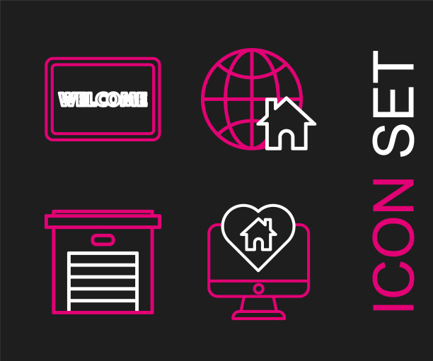设置线监视器与房子在心脏形状，车库，地球符号和门垫的文字欢迎图标。向量图片下载