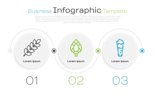 设置线谷物设置与大米，小麦，玉米，燕麦，黑麦，大麦，啤酒花和啤酒。业务信息图表模板。向量图片下载