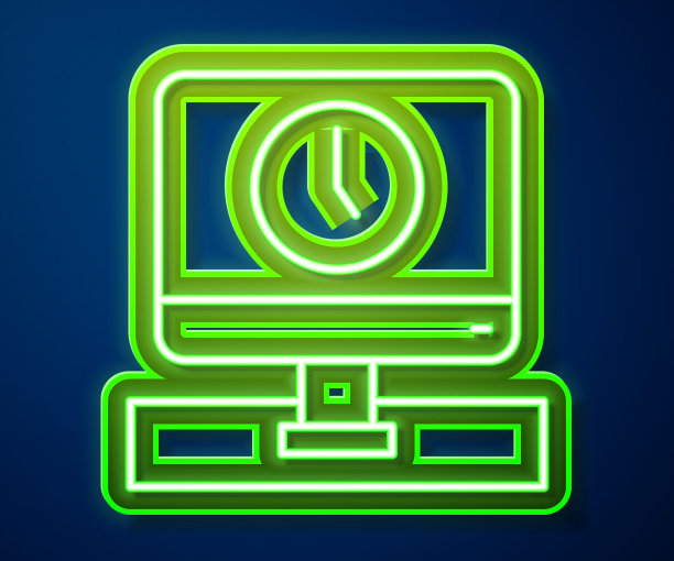 发光的霓虹灯线电脑显示器的时间图标孤立的蓝色背景。电子装置。前视图。向量图片下载