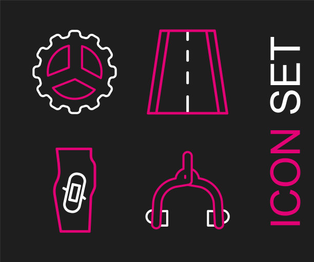 设置线自行车制动卡钳，抹灰腿，车道和链轮曲柄图标。向量图片下载