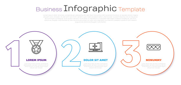 设置线奖章，电脑显示器和喜欢和心脏。业务信息图表模板。向量图片下载
