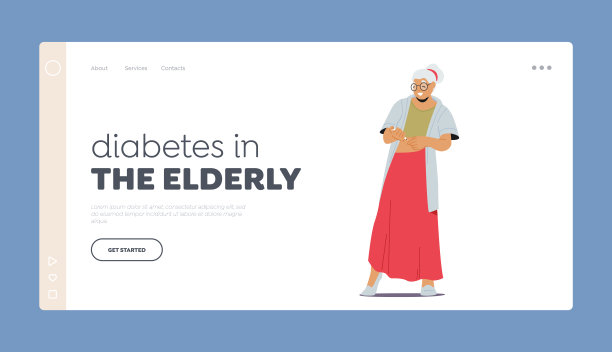 老年糖尿病登陆页面模板。老年妇女自我注射胰岛素，卡通插画图片下载