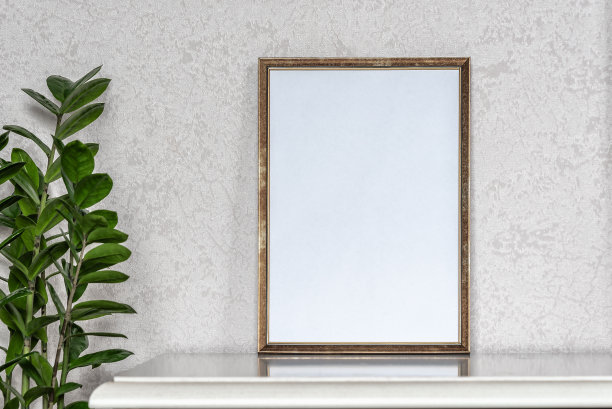 模板与相框在床头柜上。室内盆栽扎米卡兰。窗外的阳光。副本的空间。图片下载