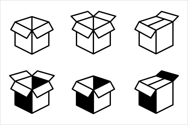 运输箱图标集。清空开箱和闭箱，以显示发货包装图标。纸箱矢量股票插图。图片下载