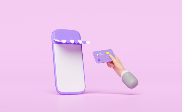 3D手用信用卡配手机，紫色智能手机店门口，纸袋孤立在粉色背景上。网上购物，支付交易，网上购物概念，3d渲染图片下载