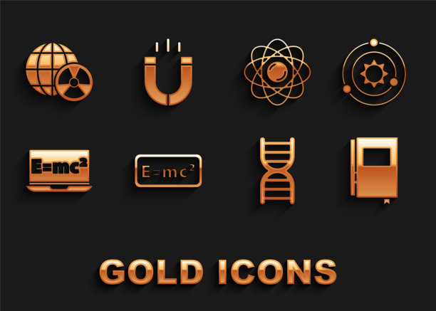 集方程解，太阳系，书，DNA符号，原子，行星地球和辐射和磁铁图标。向量图片下载