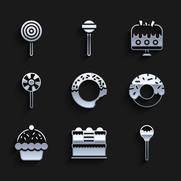 设置甜甜圈，蛋糕，棒棒糖，纸杯蛋糕，盘子和图标。向量图片下载
