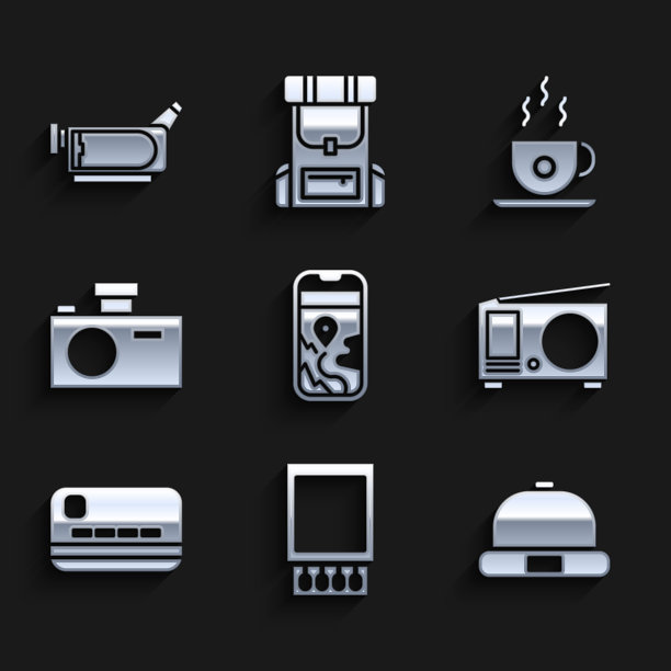 设置城市地图导航，打开火柴盒和火柴，豆帽，带天线的收音机，信用卡，照相机，咖啡杯和电影院图标。向量图片下载