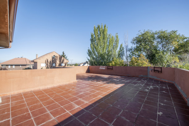 一栋独户住宅的大露台，铺着粘土地板，可以看到树木和其他房屋，还有许多盆栽植物图片下载