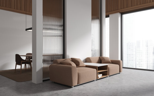 白色的客厅内部有扶手椅，餐桌和窗户。模型墙图片下载