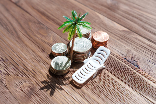 硬币上有玩具沙滩躺椅和一棵棕榈树图片下载