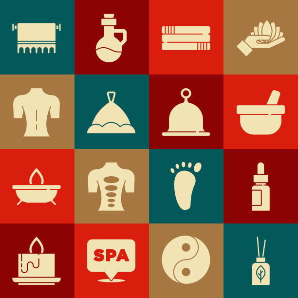 设置香气扩散器，精油瓶，研钵和杵，毛巾堆，桑拿帽，按摩，挂和图标。向量图片下载