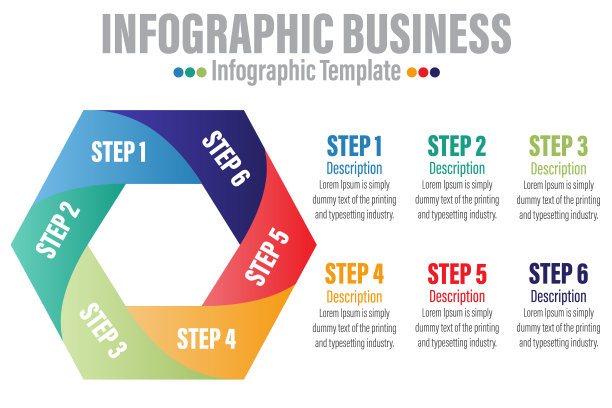 商业信息图表设计模板有6个6步，6个6选项，步骤或流程。可以用于工作流布局，图表，年度报告，网页设计图片下载