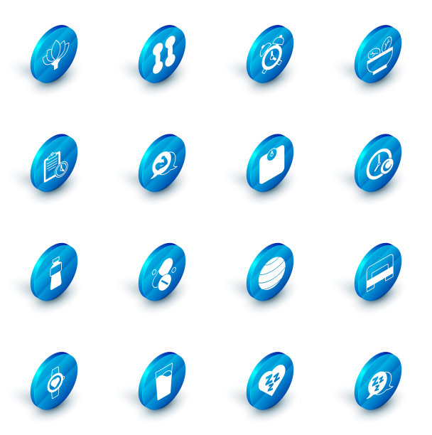 设置哑铃，闹钟，沙拉在碗，运动训练计划，瓶装水，健美运动员的肌肉，时间睡觉和浴室秤图标。向量图片下载