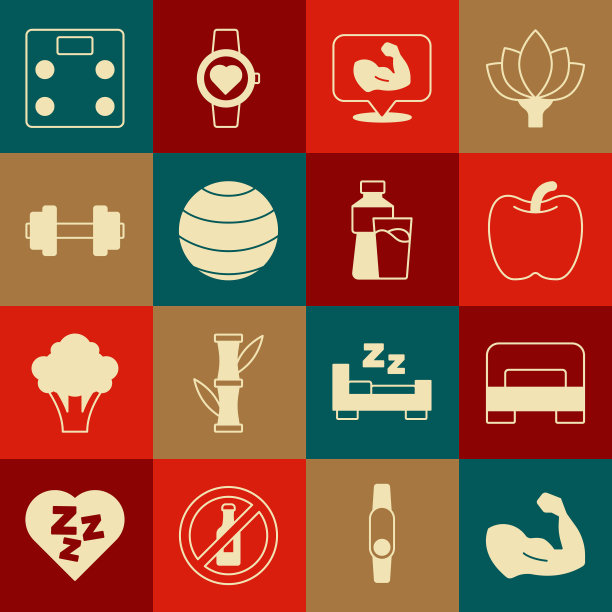 集健美肌肉，大床，苹果，健身球，哑铃，浴室秤和瓶装水与玻璃图标。向量图片下载