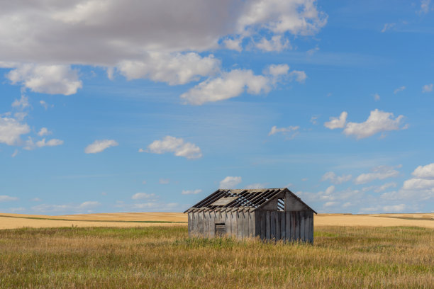 草原上被遗弃的旧农场建筑，天空湛蓝多云图片下载