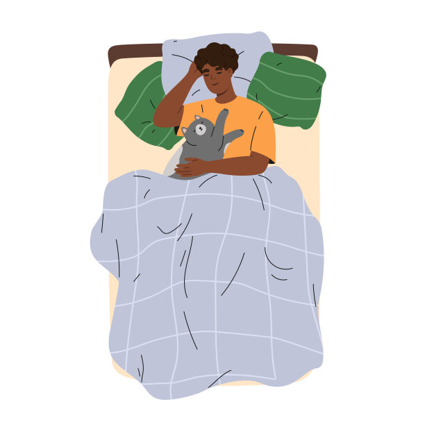 男人躺在床上，可爱的猫睡在他身上。图片下载