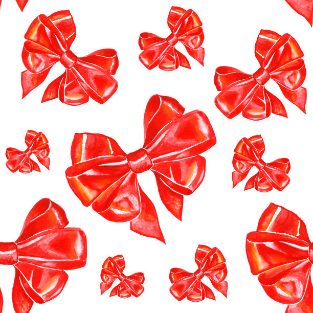 无缝图案，缎面蝴蝶结在一个白色的背景。水彩插图。用于织物、纺织品、墙纸、包装纸的装饰设计。图片下载