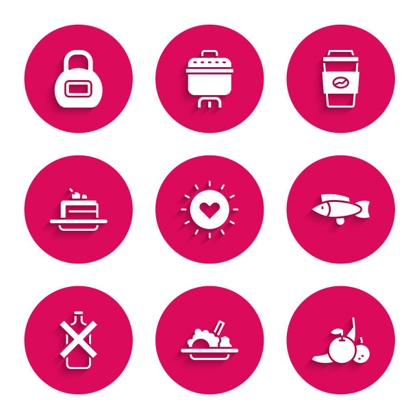 日落，健康食品，水果，鱼，无酒精，蛋糕，咖啡杯和水壶图标。向量图片下载