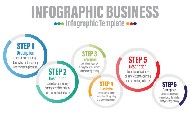 商业信息图表设计模板有6个6步，6个6选项，步骤或流程。可以用于工作流布局，图表，年度报告，网页设计图片下载