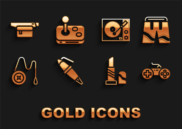 集钢笔笔尖，短裤或裤子，手柄，口红，溜溜球玩具，黑胶播放器，腰袋的香蕉和操纵杆图标。向量图片下载