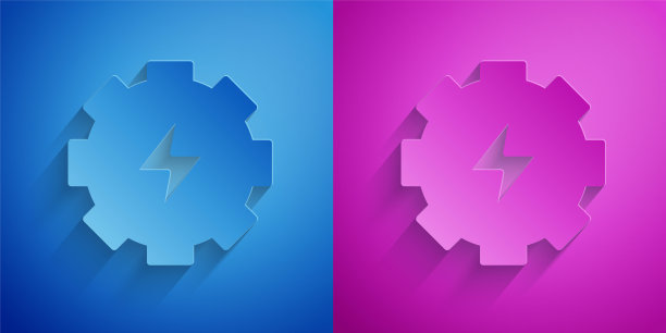 剪纸齿轮和闪电图标隔离在蓝色和紫色的背景。电力。闪电标志。纸艺风格。向量图片下载