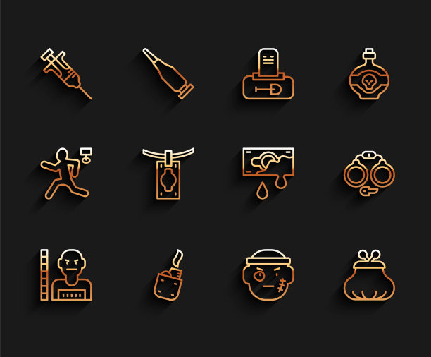 设置线犯罪嫌疑人，打火机，注射器，强盗，钱包，洗钱，手铐和血腥的钱图标。向量图片下载